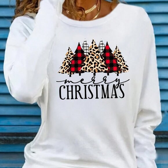 Tops - White Casual Women's Christmas Tree Print Fitted Long Sleeve T-Shirt